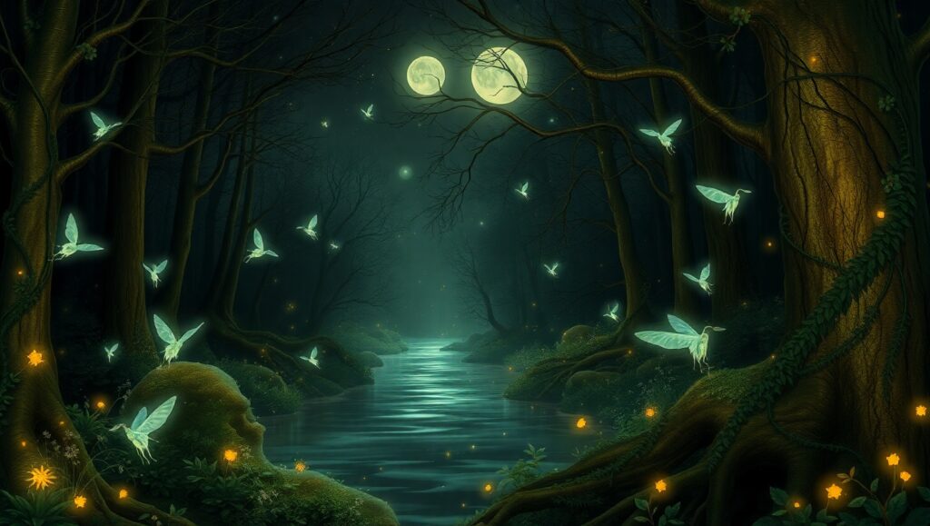 Enchanted Forest of Glowing Creatures – free AI stock image