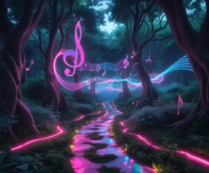 Enchanted Forest of Virtual Sound Waves – free AI stock image