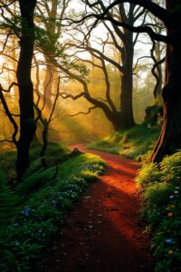 Enchanted Forest Pathway at Dawn – free AI stock image