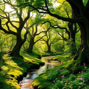Enchanted Forest with Glittering River – free AI stock image