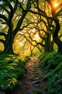 Enchanted Forest with Mystical Sunlight – free AI stock image