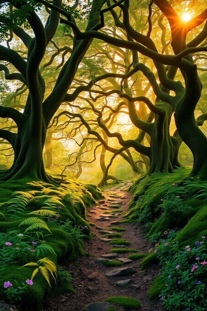 Enchanted Forest with Mystical Sunlight – free AI stock image