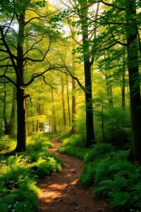 Enchanted Forest with Sunlight Filtering Through – free AI stock image