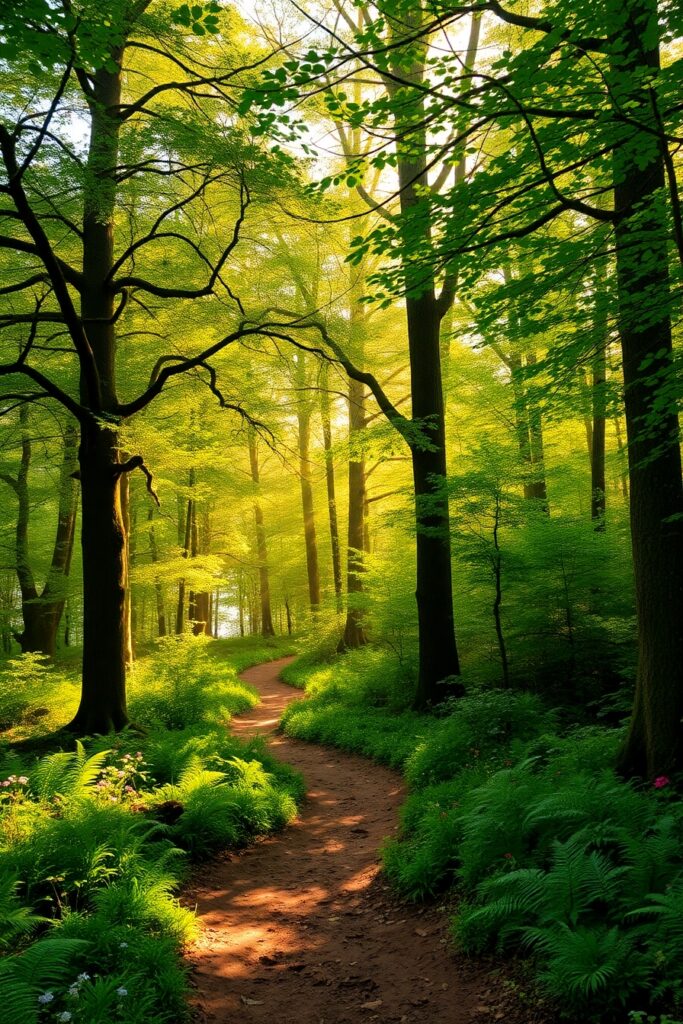 Enchanted Forest with Sunlight Filtering Through – free AI stock image