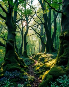 Enchanted Forest with Sunlight Filtering Through Trees – free AI stock image