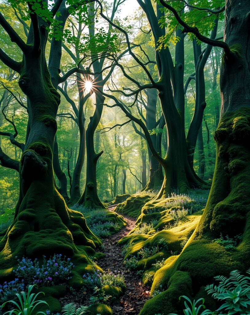Enchanted Forest with Sunlight Filtering Through Trees – free AI stock image