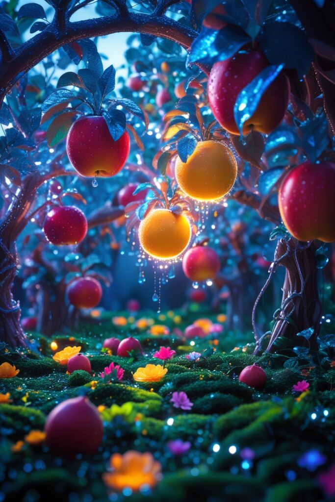 Enchanted Fruit Garden at Twilight – free AI stock image