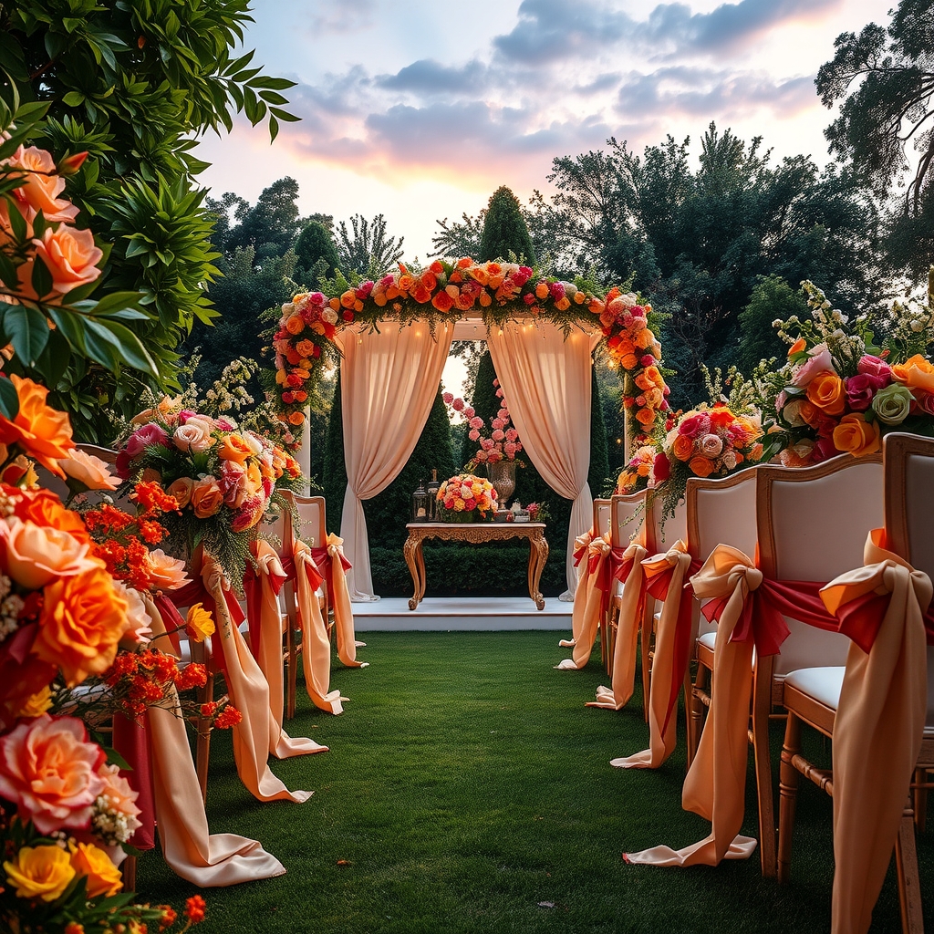Enchanting Garden Wedding at Sunset – free AI stock image