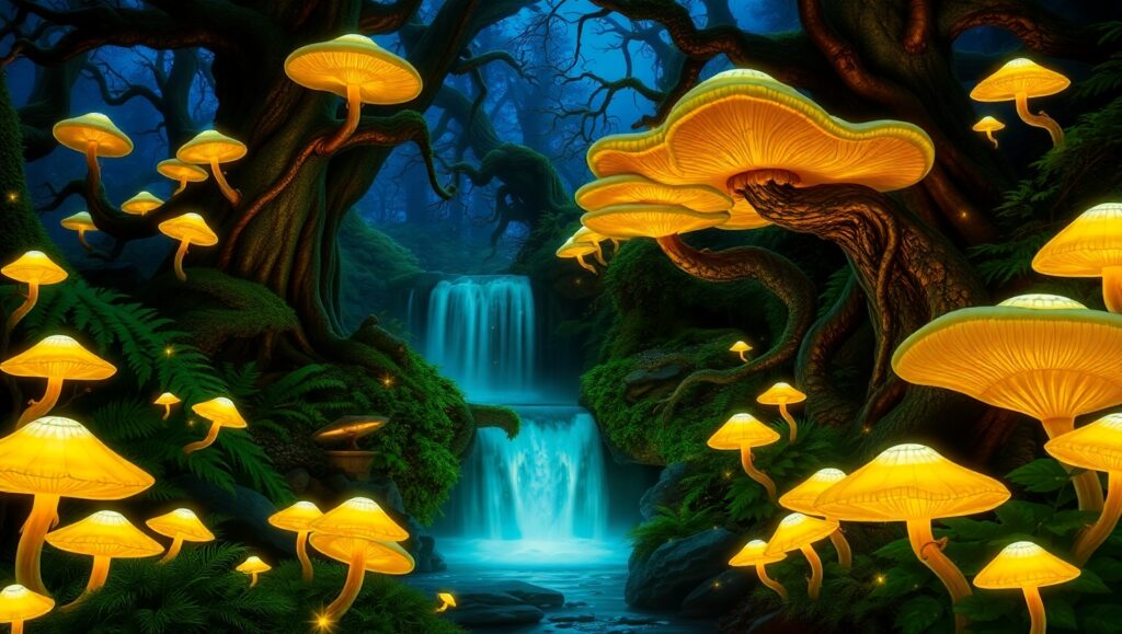 Enchanted Glade with Luminous Fungi – free AI stock image