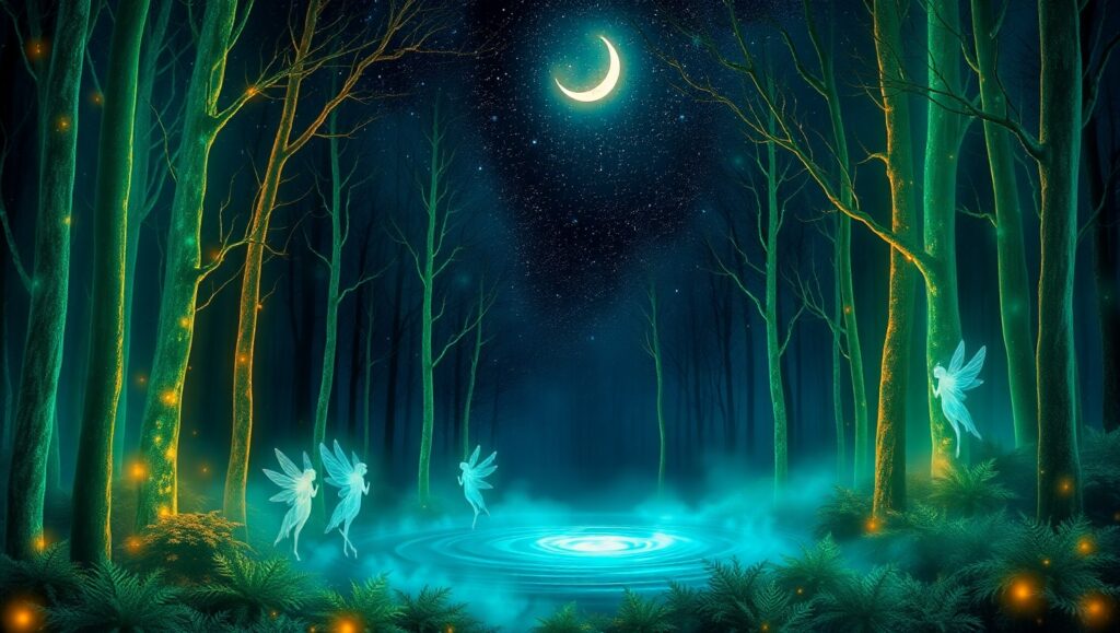 Enchanted Glowing Forest Scene – free AI stock image