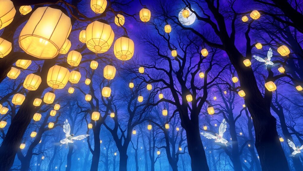 Enchanted Lanterns in Dreamy Forest – free AI stock image
