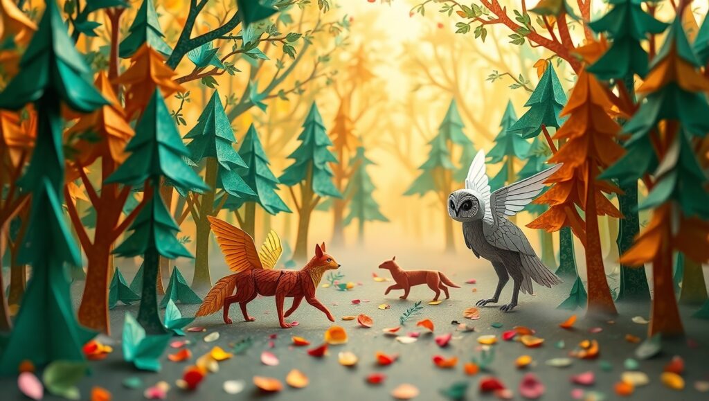 Enchanted Origami Forest Adventure – free AI stock image