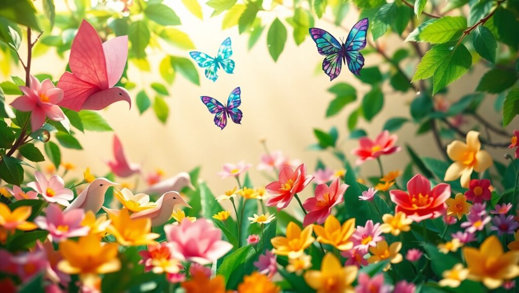 Enchanted Origami Garden Scene – free AI stock image
