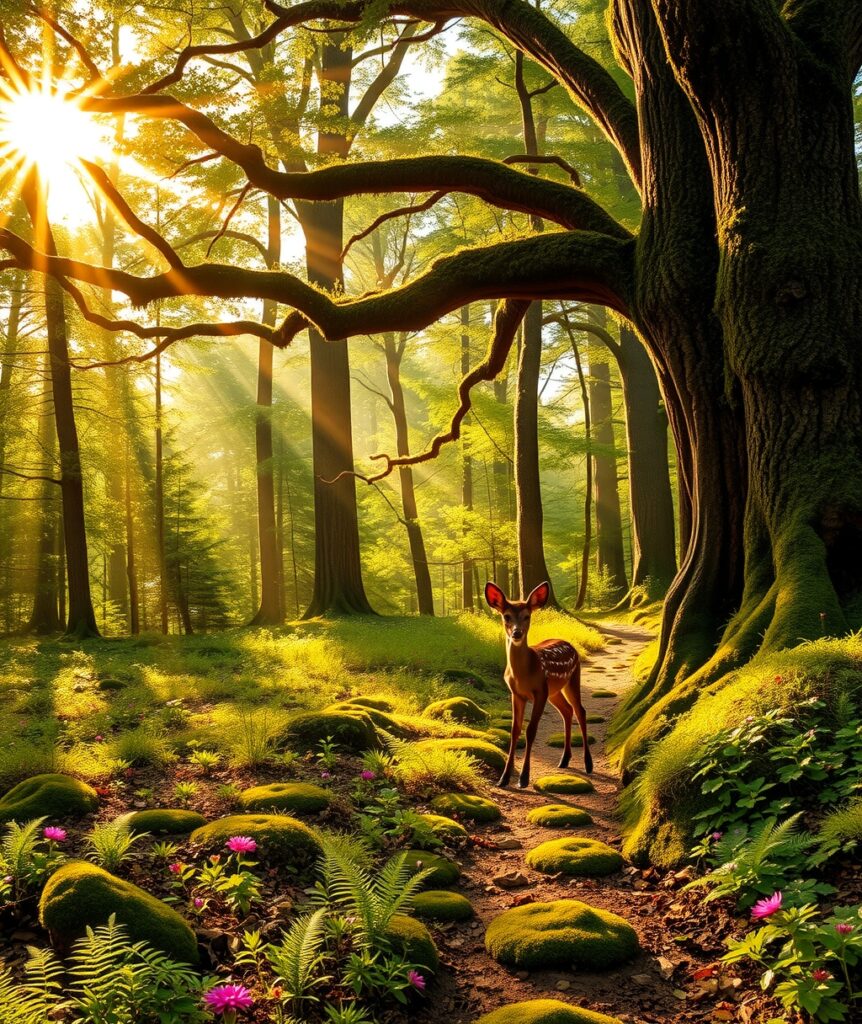 Enchanted Sunlight Filtering Through Forest Canopy – free AI stock image