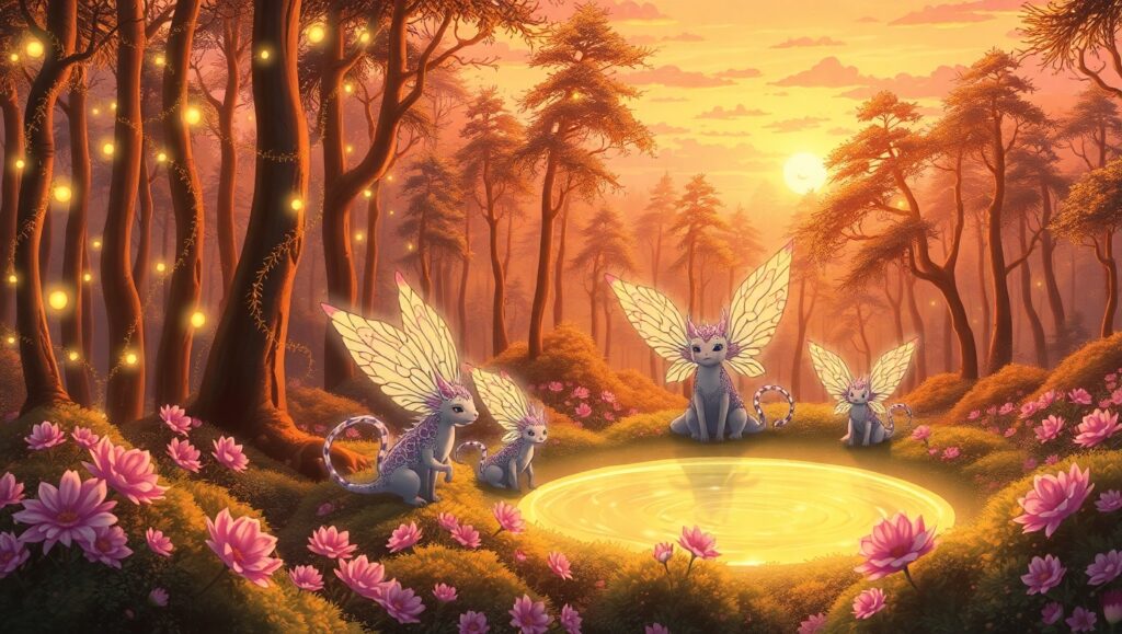 Enchanted Sunset in a Magical Forest – free AI stock image