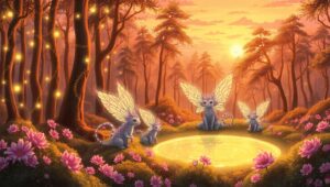 Enchanted Sunset in a Magical Forest – free AI stock image