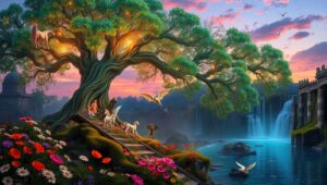 Enchanted Twilight Over Ancient Ruins – free AI stock image