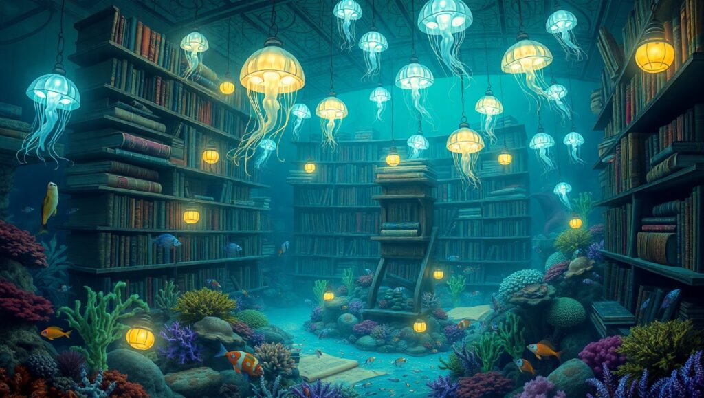 Enchanted Underwater Library – free AI stock image