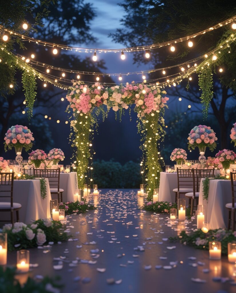 Enchanting Floral Wedding Decor at Dusk – free AI stock image