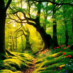 Enchanting Forest Background with Sunbeams – free AI stock image