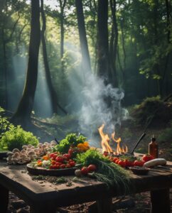 Enchanting Forest Cooking Under Canopy – free AI stock image