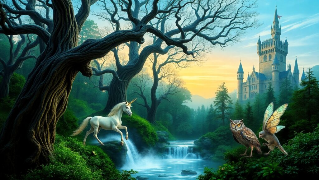 Enchanting Forest of Mystical Creatures – free AI stock image