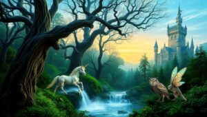 Enchanting Forest of Mystical Creatures – free AI stock image