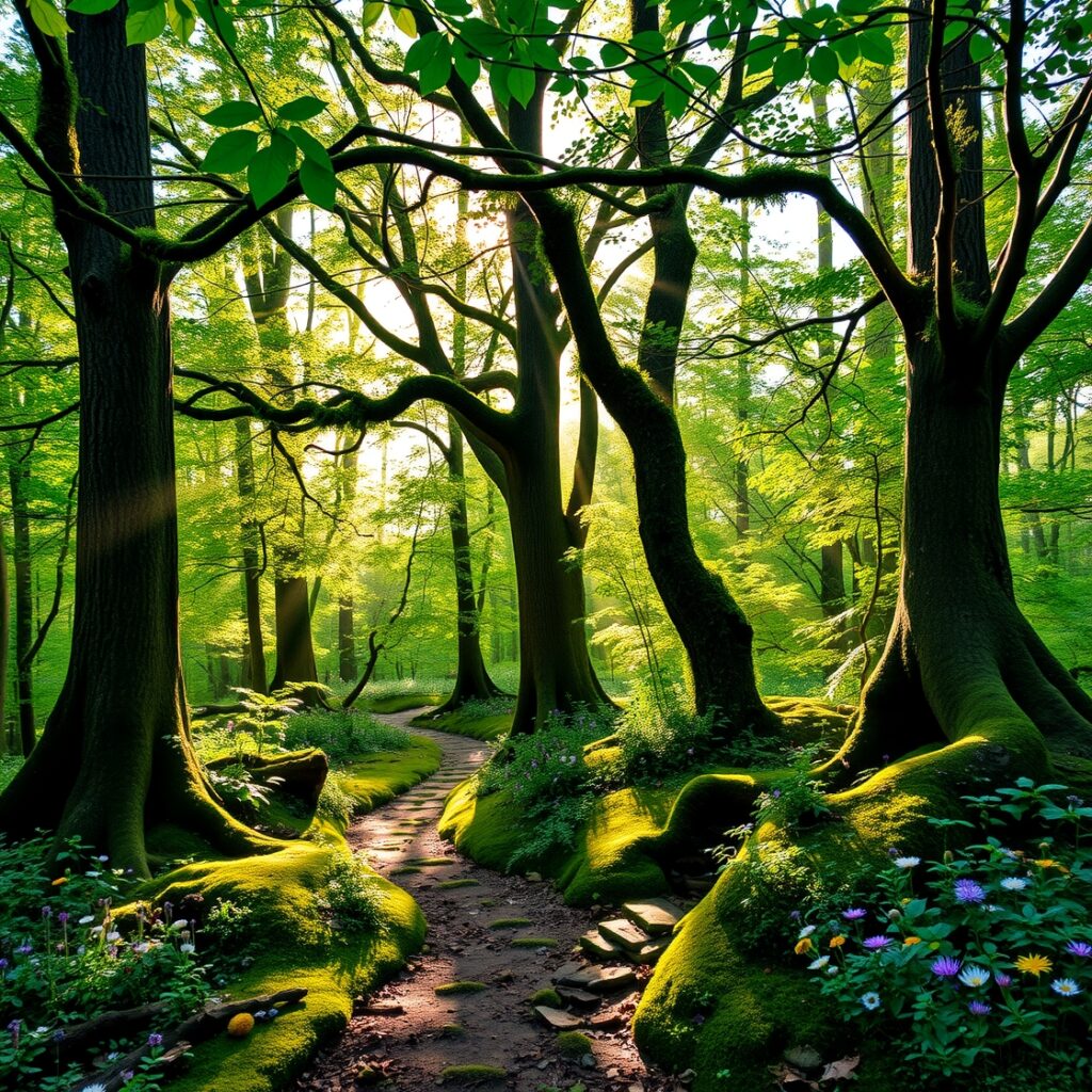 Enchanting Forest with Sunlight Filtering Through – free AI stock image