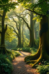 Enchanting Forest with Sunlight Filtering Through – free AI stock image