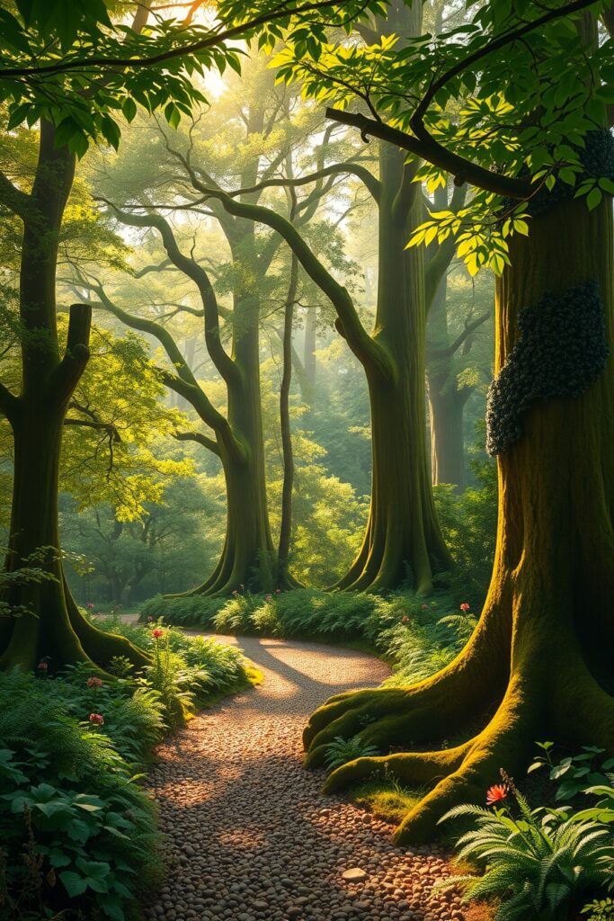 Enchanting Forest with Sunlight Filtering Through – free AI stock image