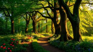 Enchanting Forest with Sunlight Filtering Through Canopy image – free AI stock image
