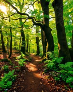 Enchanting Forest with Sunlight Filtering Through Trees – free AI stock image