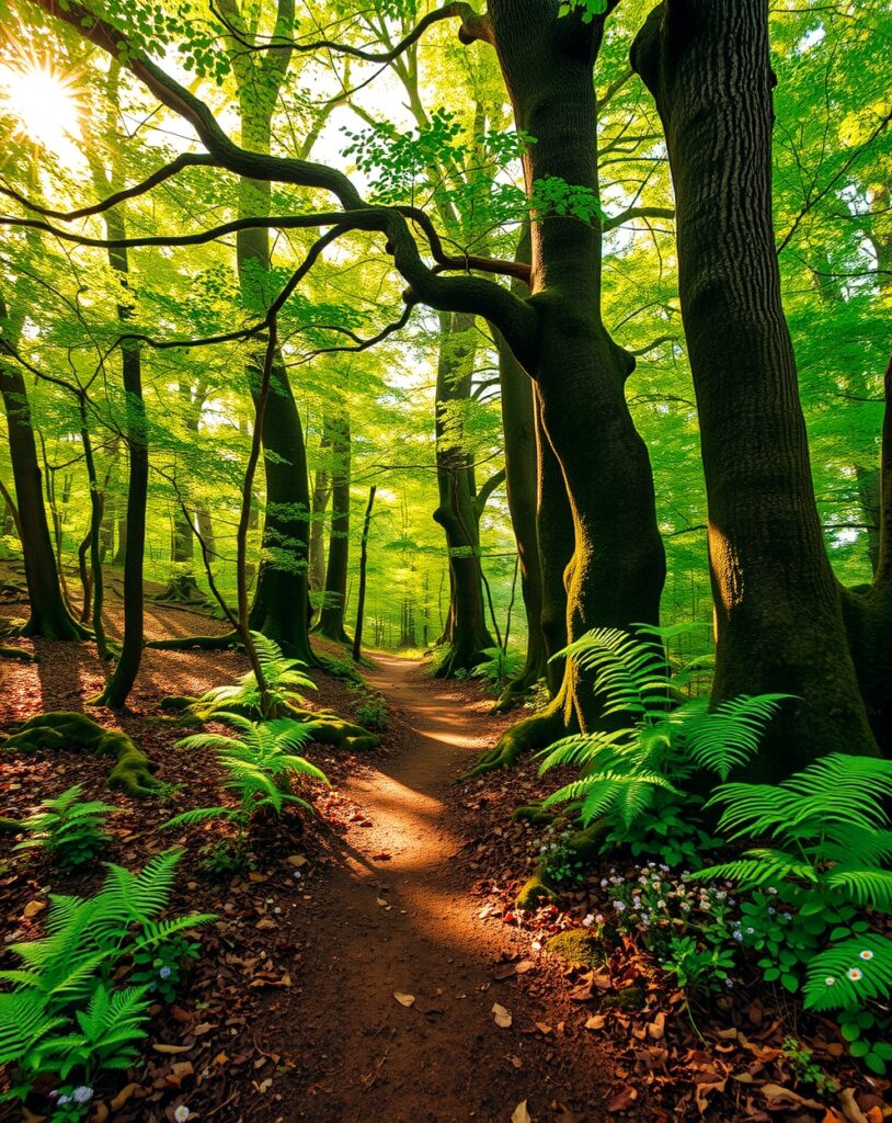 Enchanting Forest with Sunlight Filtering Through Trees – free AI stock image