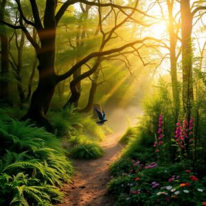 Enchanting Forest with Sunlight Filtering Through Trees – free AI stock image