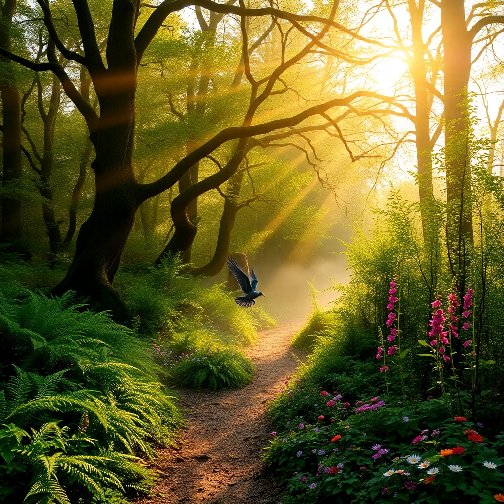 Enchanting Forest with Sunlight Filtering Through Trees – free AI stock image