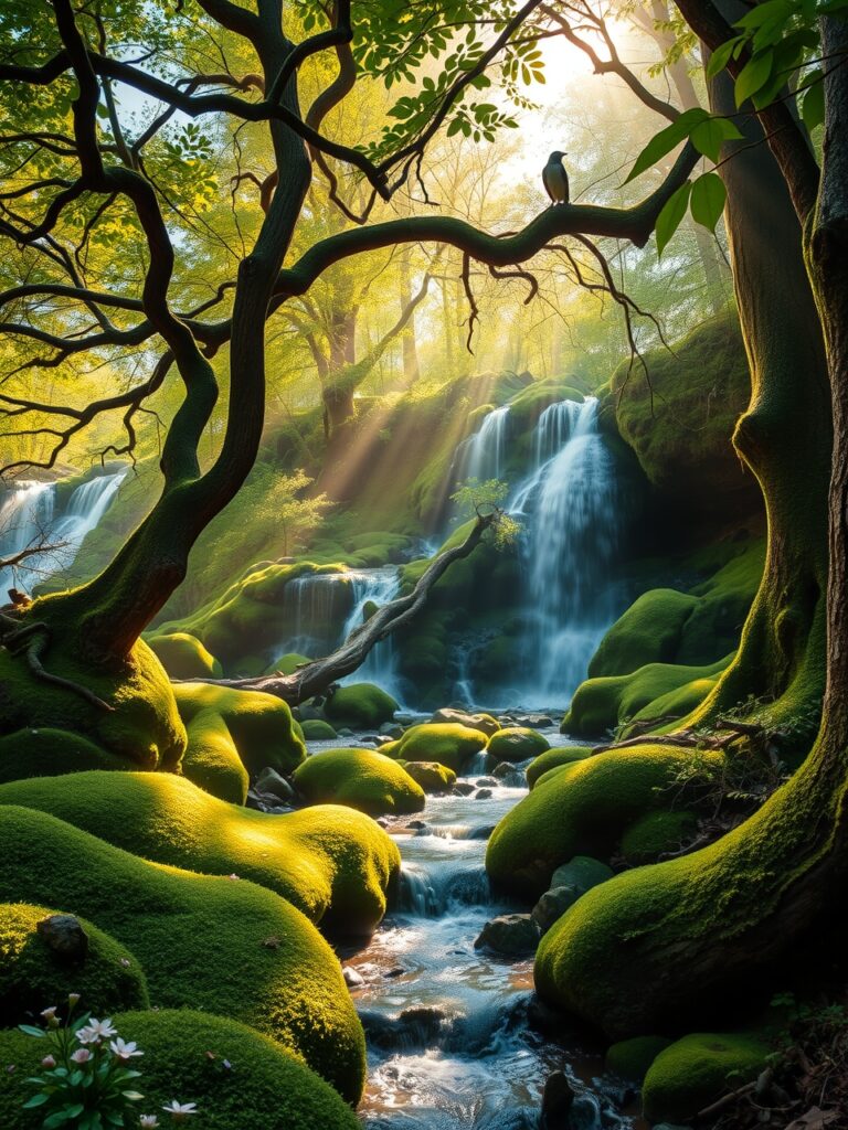 Enchanting Forest with Whispering Waterfalls – free AI stock image