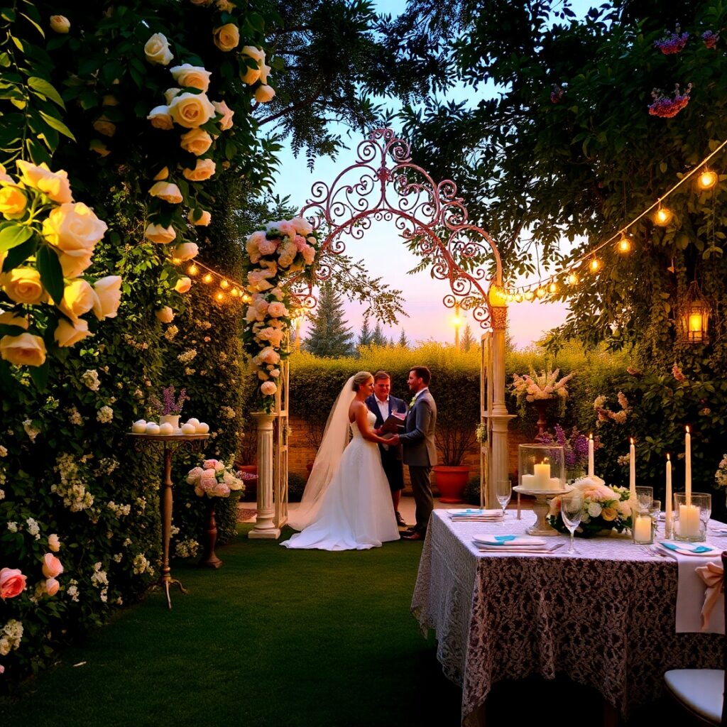 Enchanting Garden Wedding Celebration at Dusk – free AI stock image