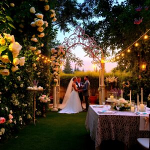 Enchanting Garden Wedding Celebration at Dusk – free AI stock image