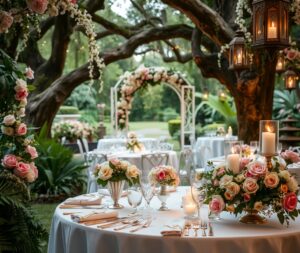 Enchanting Garden Wedding Under Twinkling Lights – free AI stock image