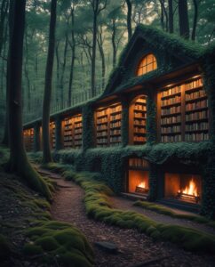 Enchanting Libraries Hidden in the Forest – free AI stock image
