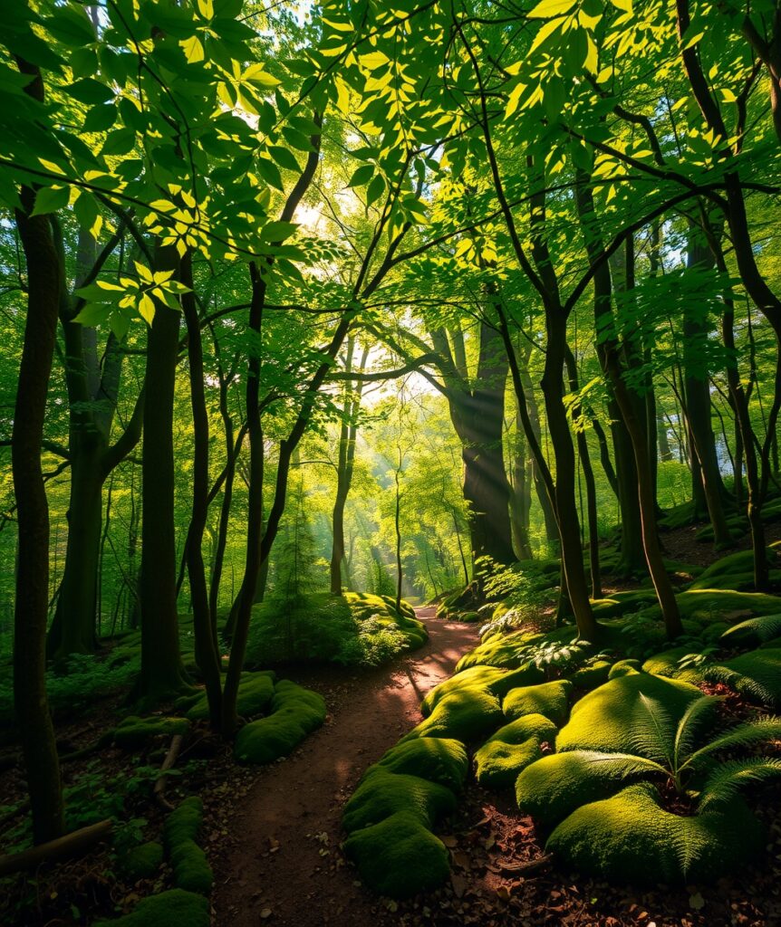 Enchanting Light in the Forest Canopy – free AI stock image