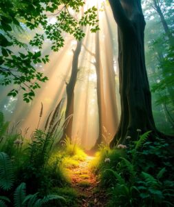 Enchanting Morning Light in a Forest – free AI stock image