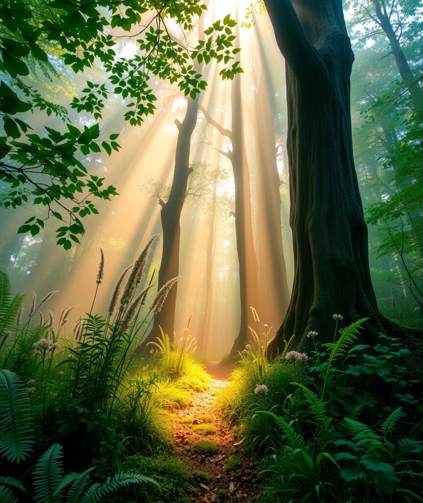Enchanting Morning Light in a Forest – free AI stock image