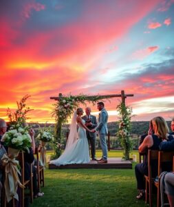 Enchanting Outdoor Wedding Ceremony at Sunset – free AI stock image