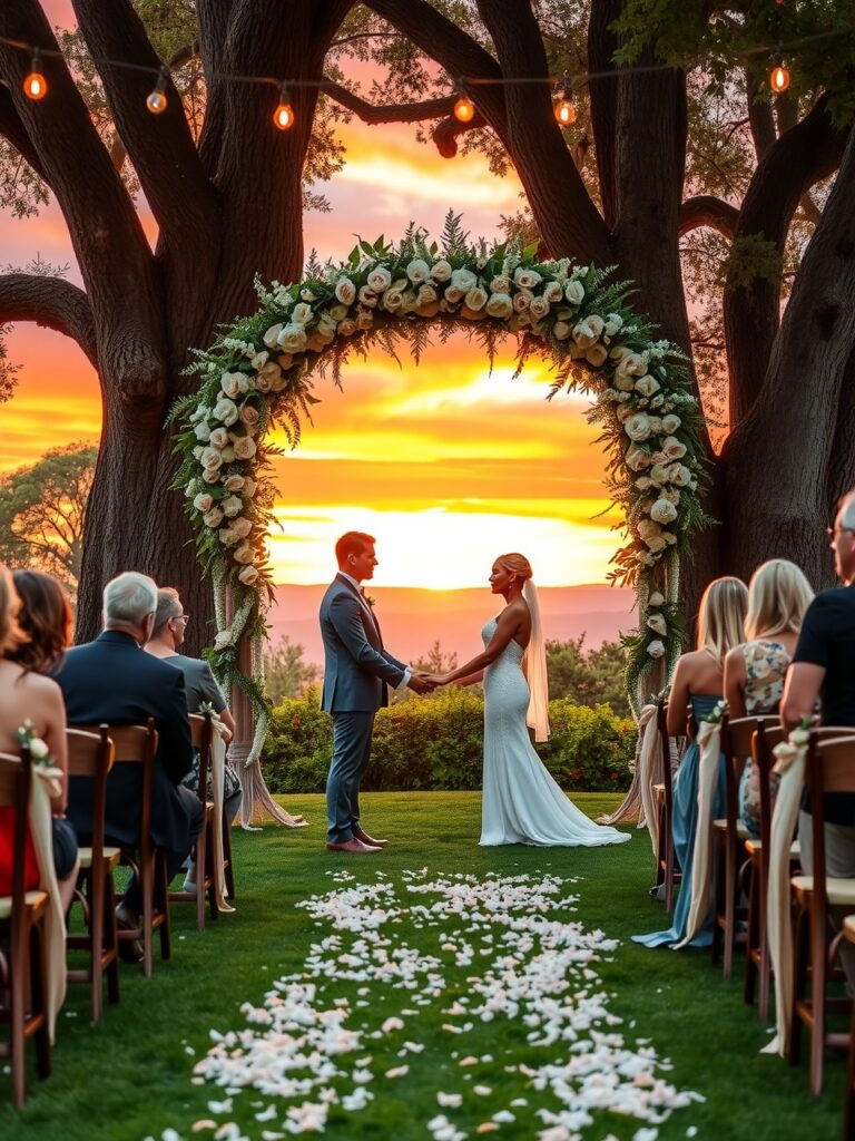 Enchanting Outdoor Wedding Ceremony at Sunset – free AI stock image
