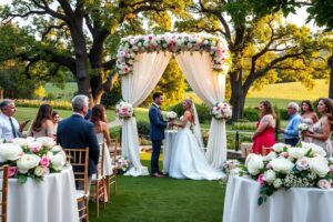 Enchanting Outdoor Wedding Ceremony in Blooming Garden – free AI stock image