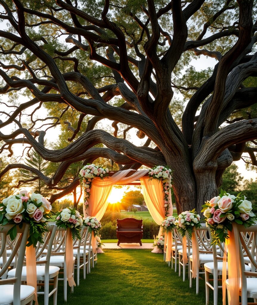 Enchanting Outdoor Wedding Ceremony Under Trees – free AI stock image