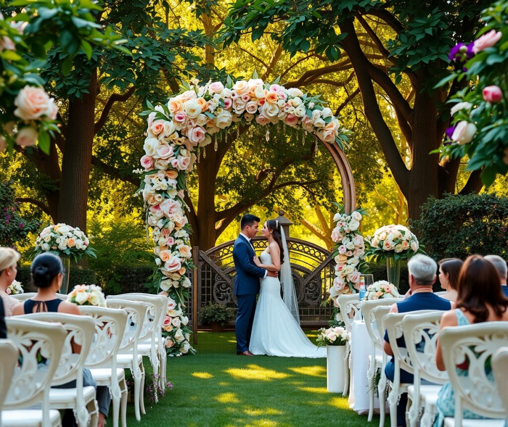 Enchanting Outdoor Wedding Ceremony with Flowers – free AI stock image