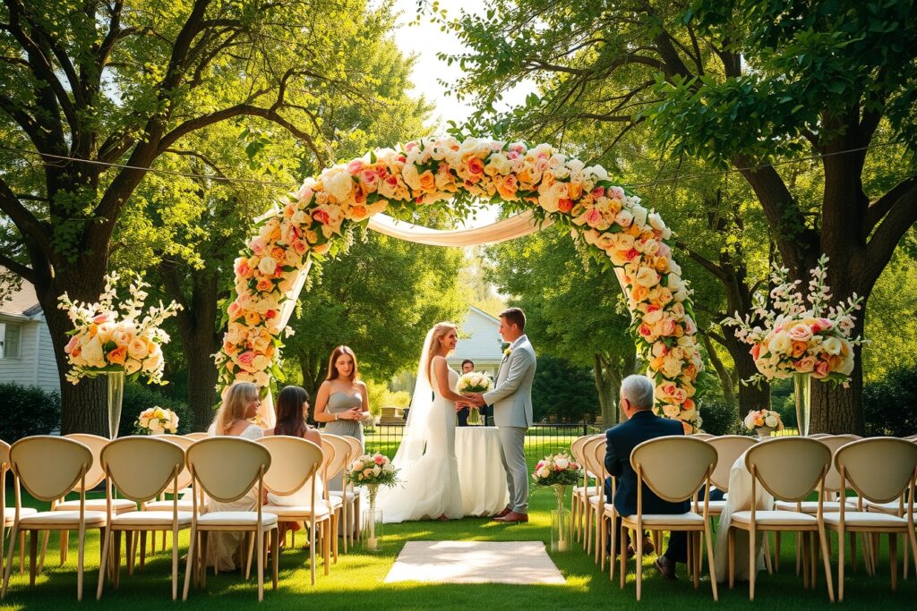 Enchanting Outdoor Wedding Under a Floral Arch – free AI stock image