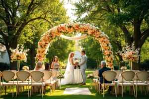 Enchanting Outdoor Wedding Under a Floral Arch – free AI stock image